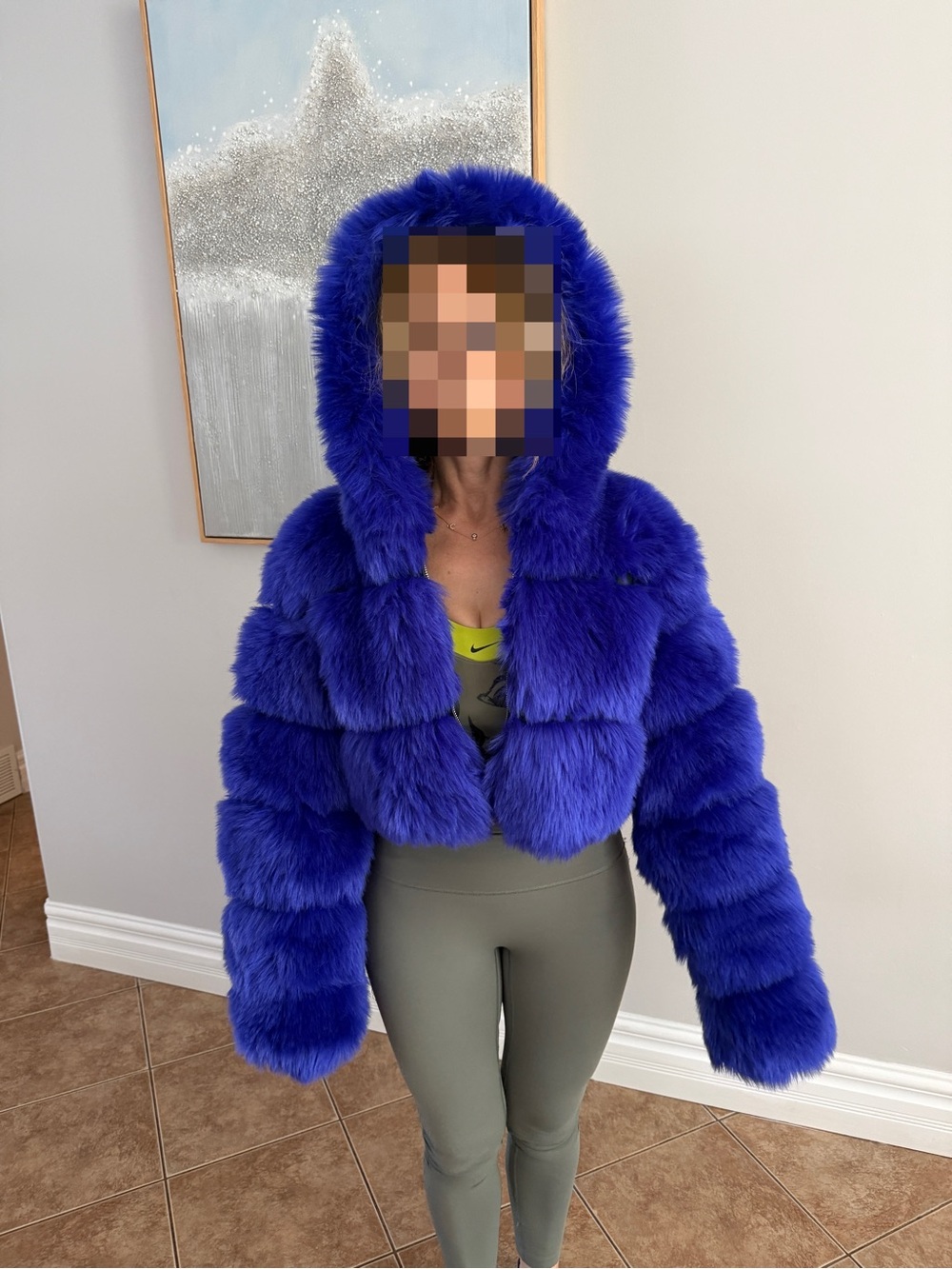 Royal Blue Faux Fur Hooded Cropped Bubble Jacket - Women